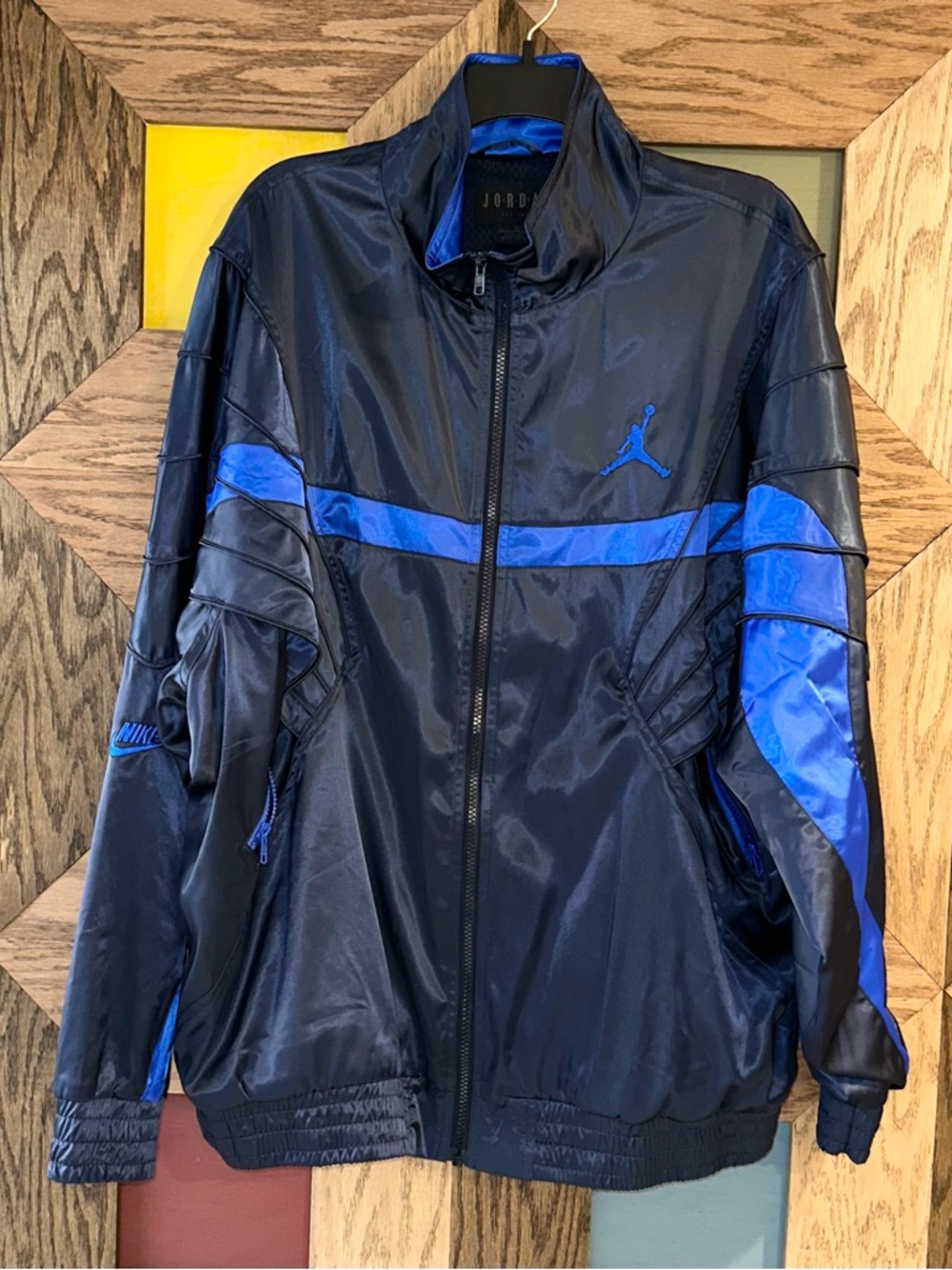 Nike Air Jordan AJ5 Track Jacket Blue & Black Satin Full-Zip Retro Style Sz XL - Picture 3 of 12
